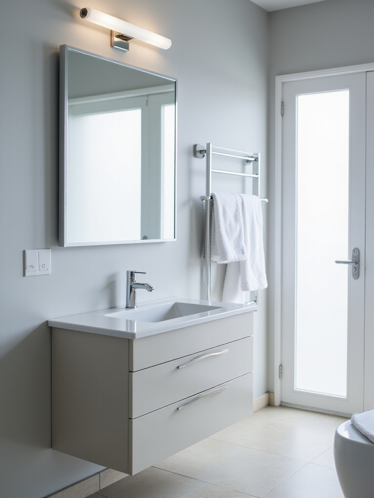 Minimalist contemporary bathroom with floating vanity and clean lines, emphasizing a decluttered and serene space.