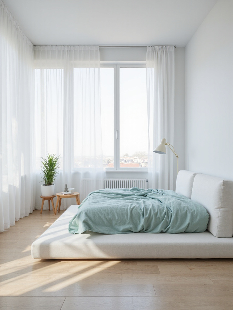 Minimalist bedroom with white walls, platform bed, and natural light.