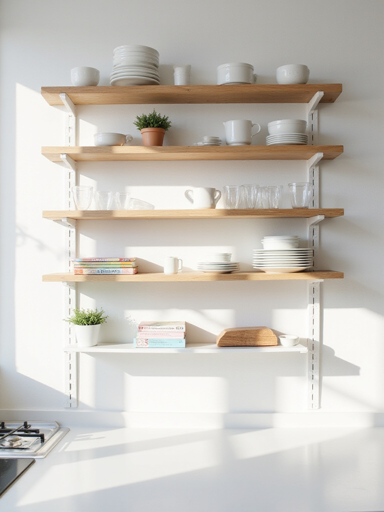 Modern apartment kitchen featuring open shelving displaying white dishes, glass tumblers, and decor, creating an airy and spacious feel.