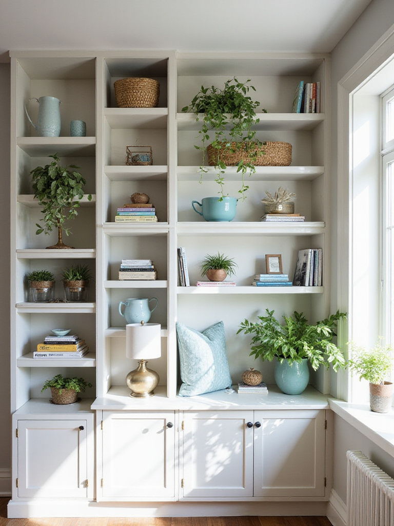 Serene living room with organized open shelving displaying books, plants, and decorative objects.
