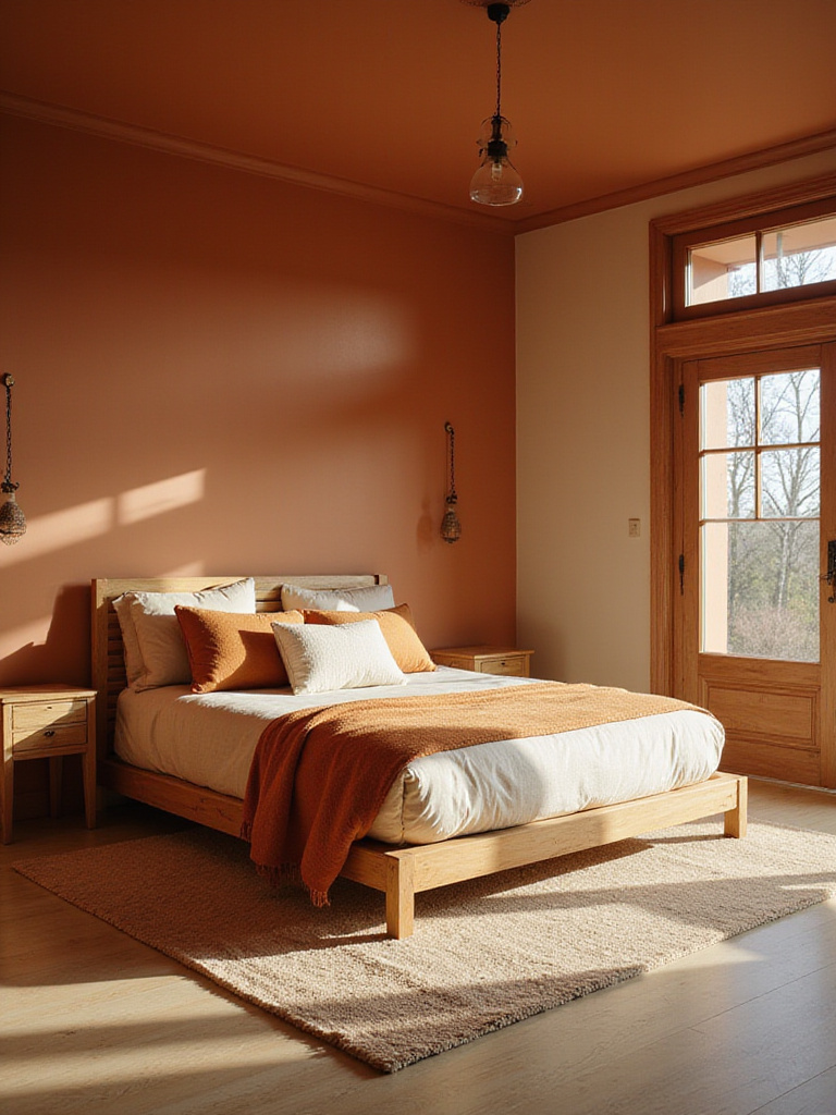 Cozy bedroom with terracotta walls and warm-toned bedding