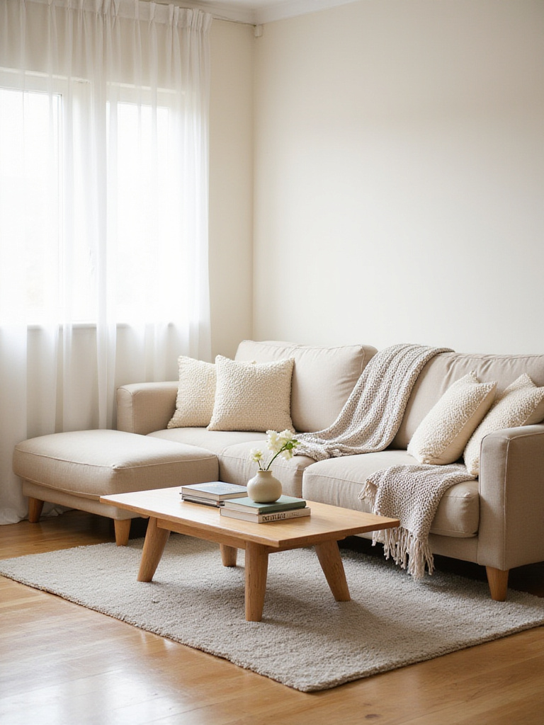 Serene living room with neutral color palette, beige sofa, light gray rug, and natural wood coffee table.