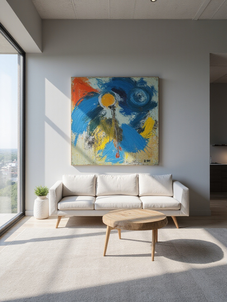 Large, colorful abstract painting hanging on a wall in a modern living room with a gray sofa and natural light.