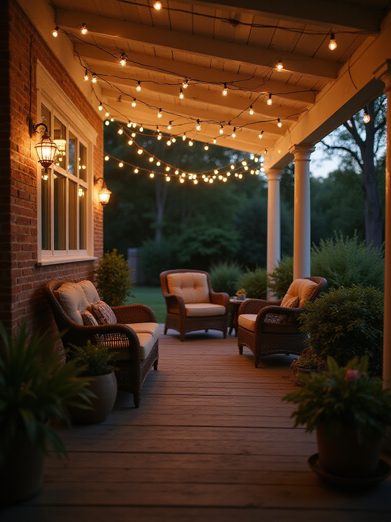 Porch with string lights creating a warm evening ambiance
