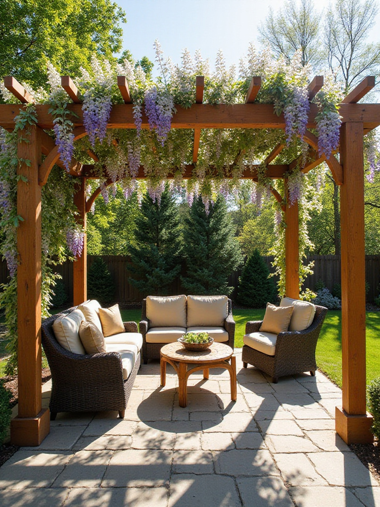 DIY Cedar Pergola with Wisteria in Backyard Garden