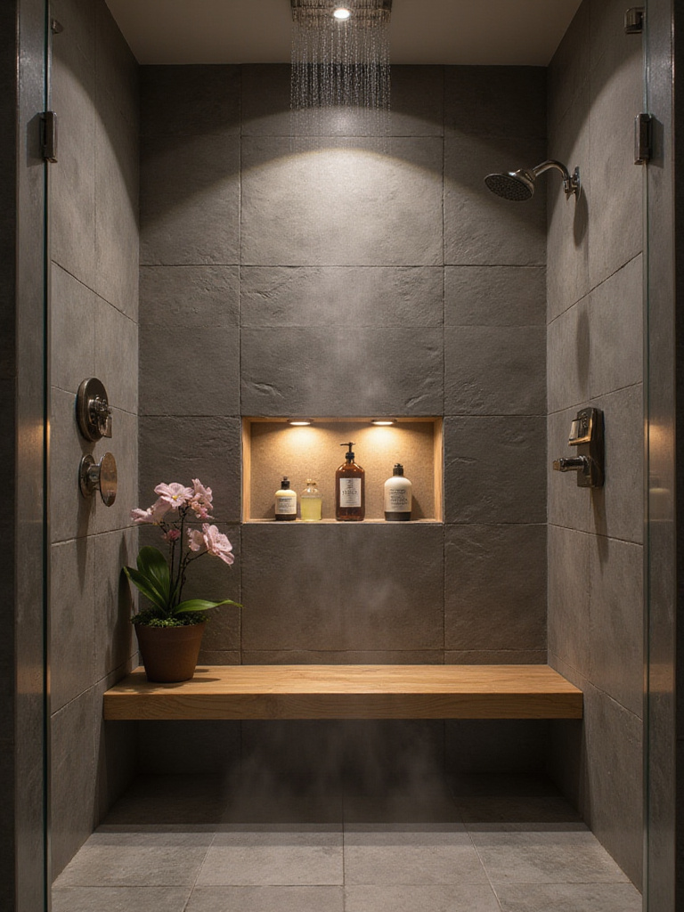 Spa-like shower with slate tiles, teak bench, rainfall showerhead, and soft lighting
