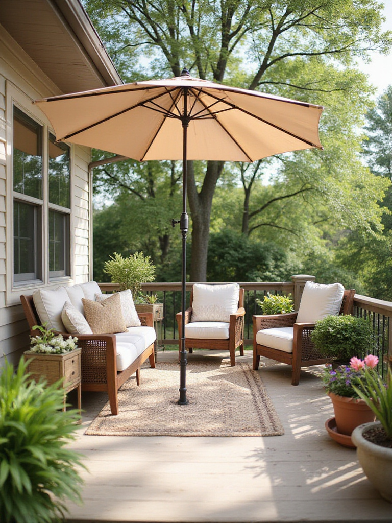 Stylish porch with comfortable seating and a market umbrella providing shade.