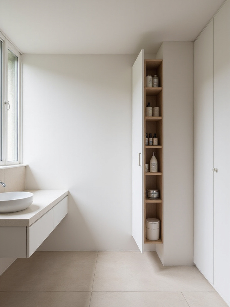 Small bathroom with recessed in-wall storage cabinet next to a floating vanity, maximizing space and minimizing clutter.