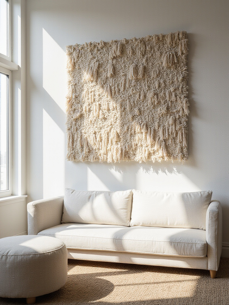 Textured textile art hanging above a sofa in a bright living room, showcasing the art's dimensional quality and the room's inviting atmosphere.