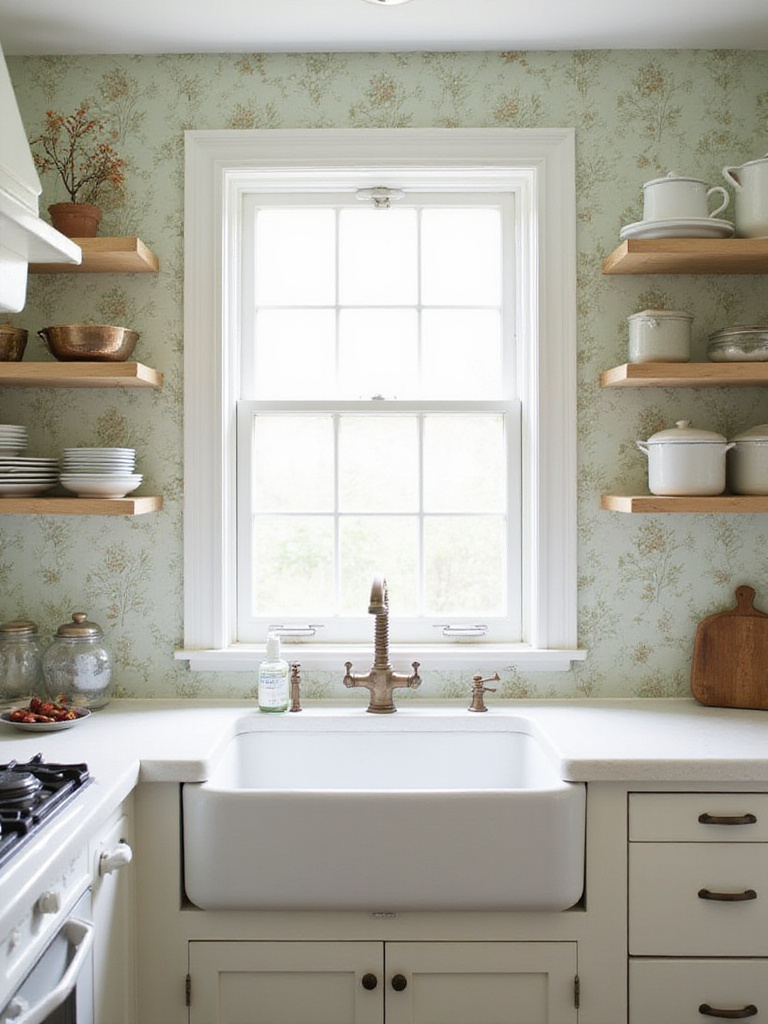 Farmhouse kitchen with sage green floral wallpaper.