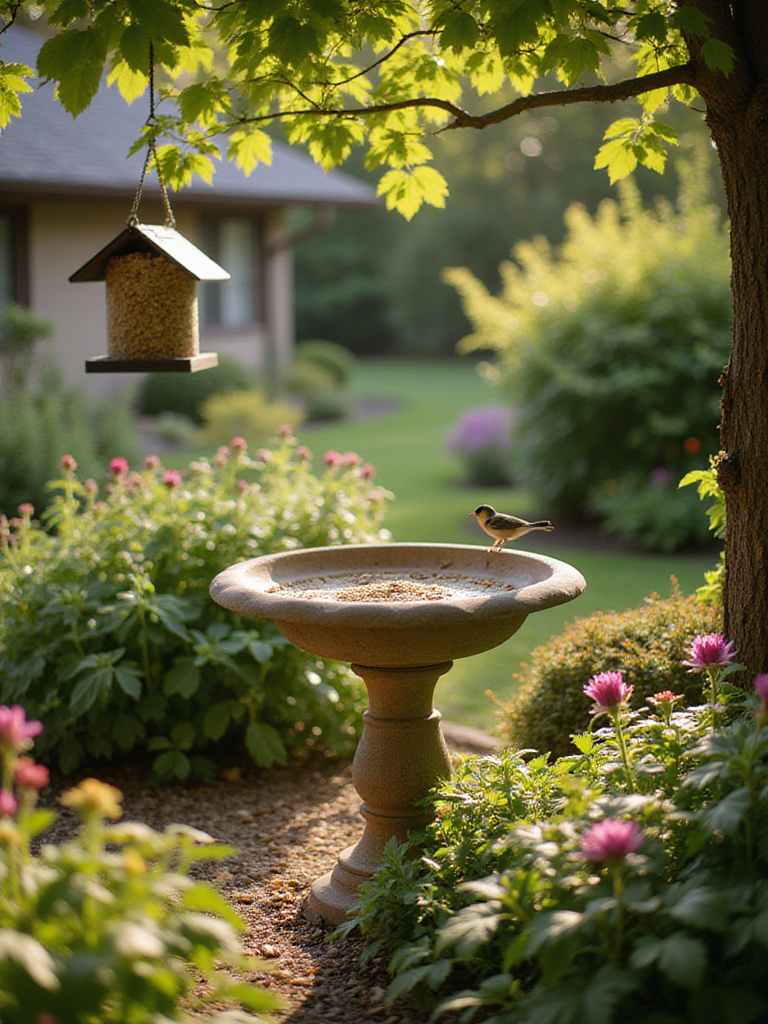 Bird bath and feeder in a garden setting, attracting wildlife