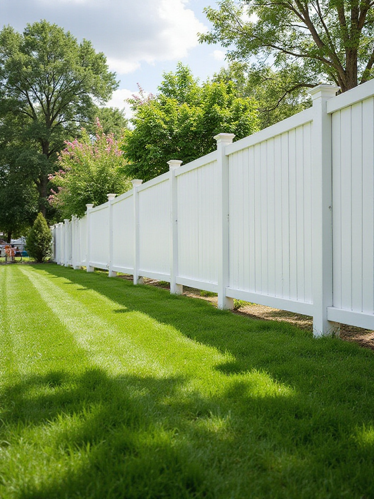 White painted wooden fence bordering a green yard with flowers and trees