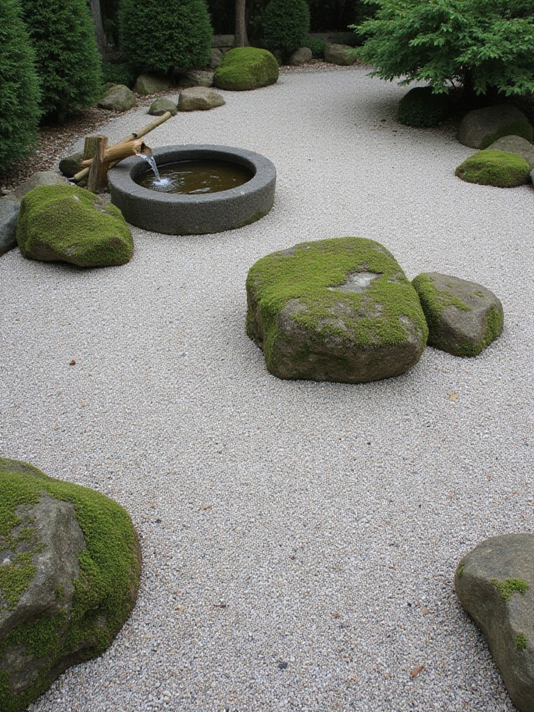 Tranquil Zen garden with raked gravel, rocks, and subtle greenery.