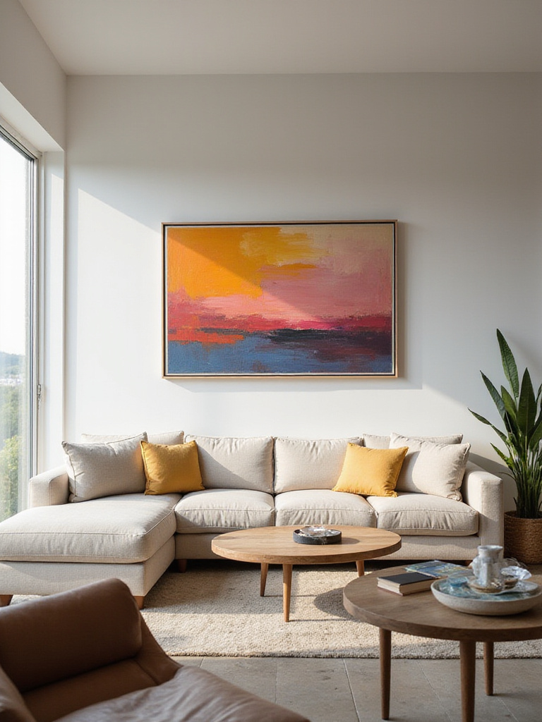 Contemporary living room with a large abstract art piece perfectly scaled above a sectional sofa, illustrating ideal art placement and size.