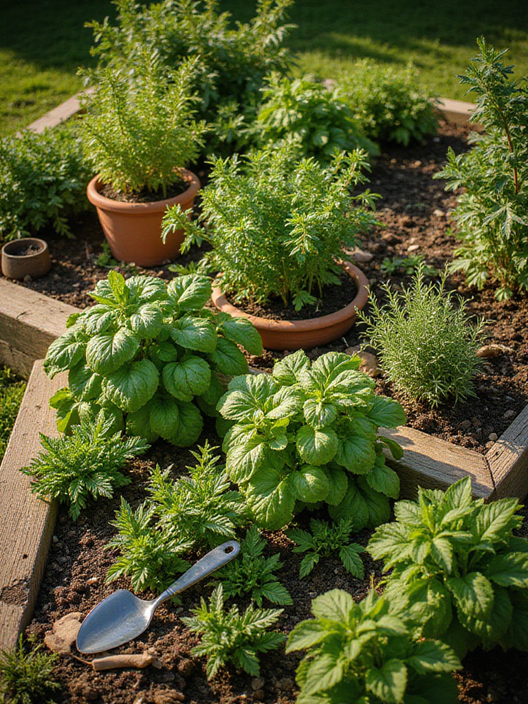 Thriving herb garden with basil, rosemary, thyme, and mint in raised beds and pots.