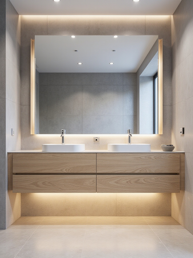 Contemporary bathroom featuring a light oak floating vanity with LED underlighting.