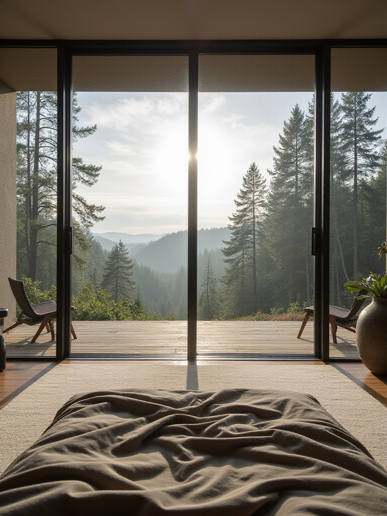 Modern bedroom with floor-to-ceiling windows showcasing a forest view.