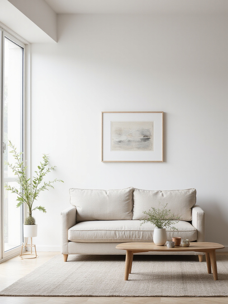 Serene living room featuring a high-quality sofa and minimalist decor