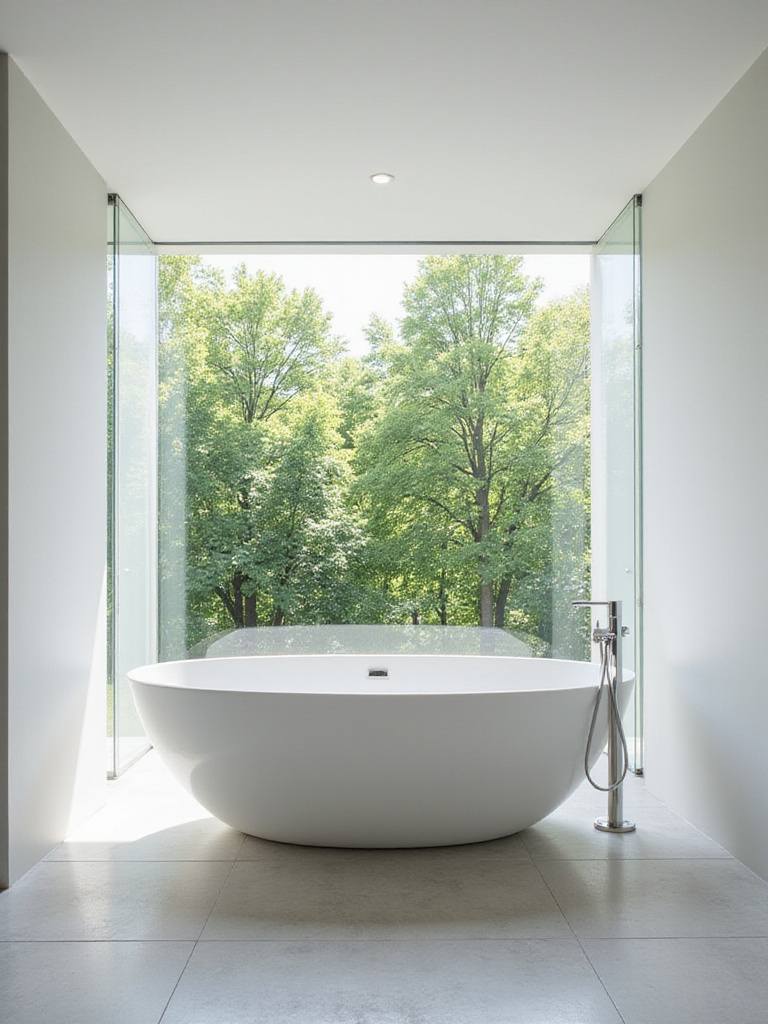 Contemporary bathroom with white freestanding bathtub and floor-mounted faucet