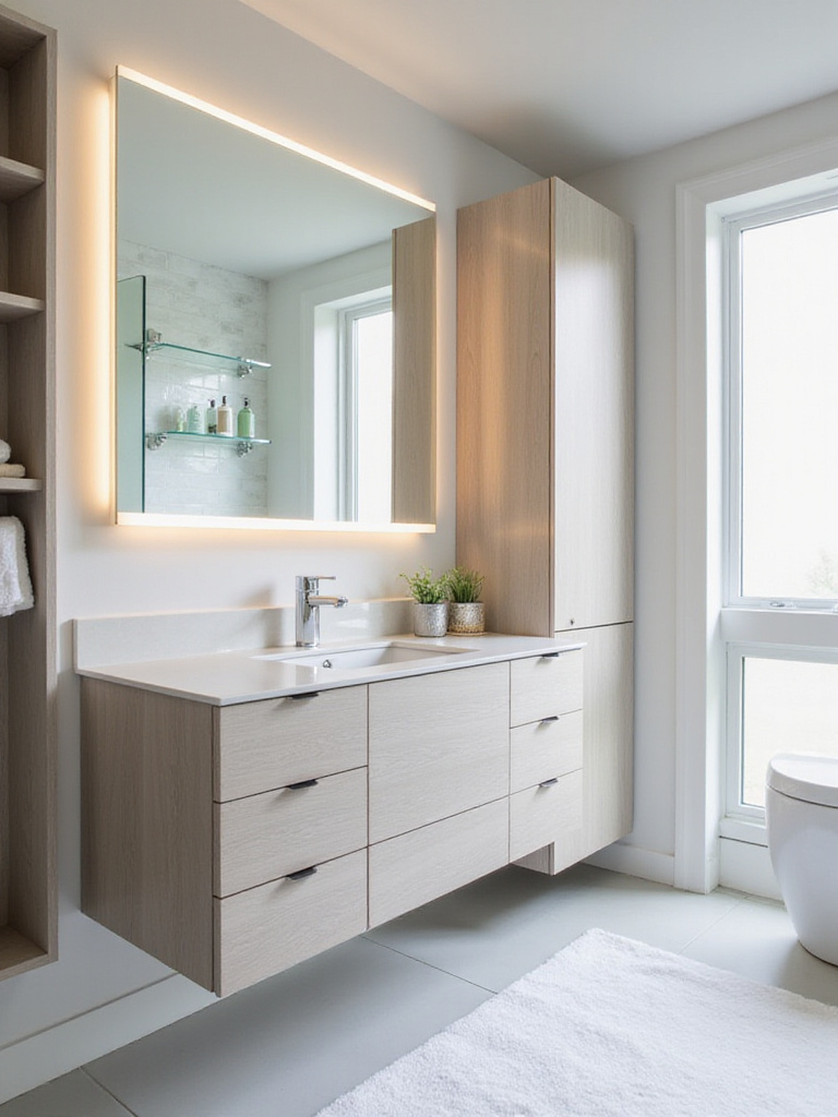 Contemporary bathroom with floating vanity, integrated lighting, and linen tower for stylish storage.