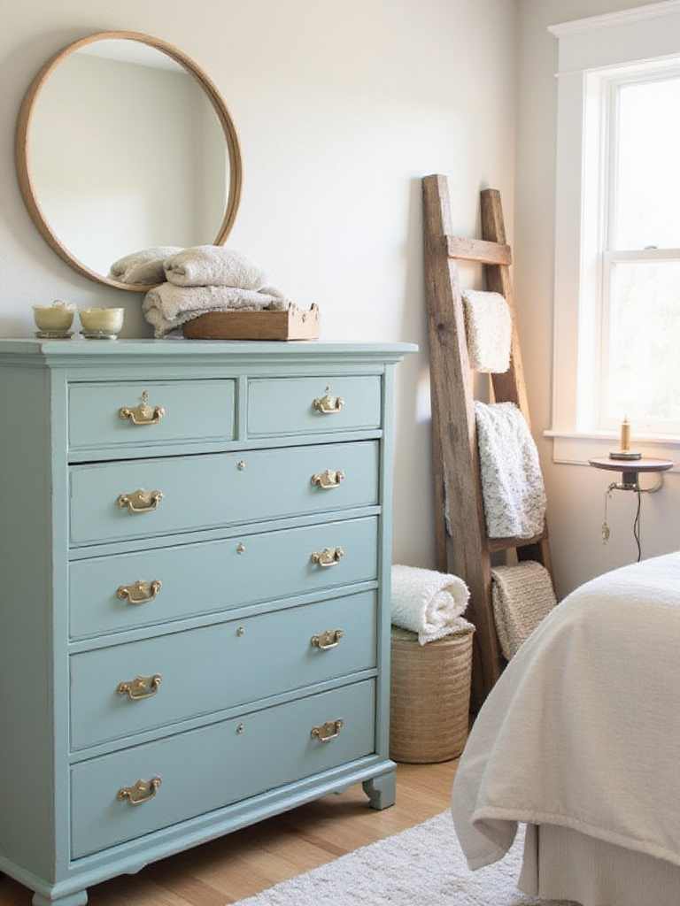 Repurposed teal dresser as nightstand and wooden ladder blanket rack in a bedroom.