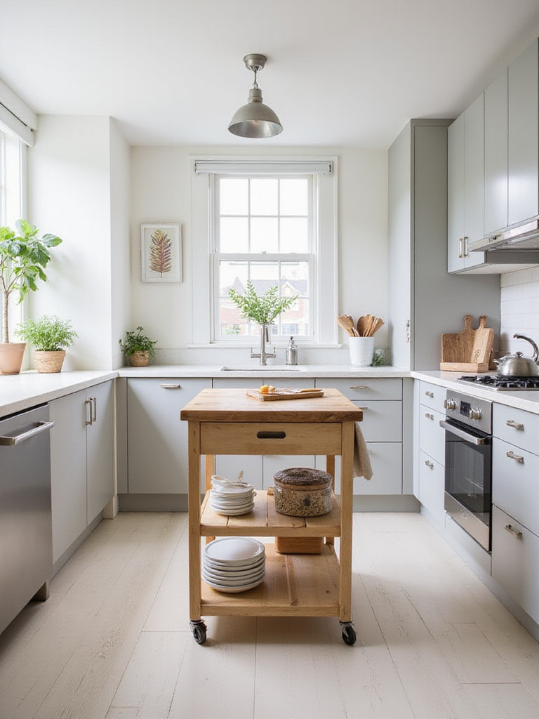 Stylish rolling kitchen island with butcher block top providing extra prep space and storage in a bright, modern apartment kitchen.