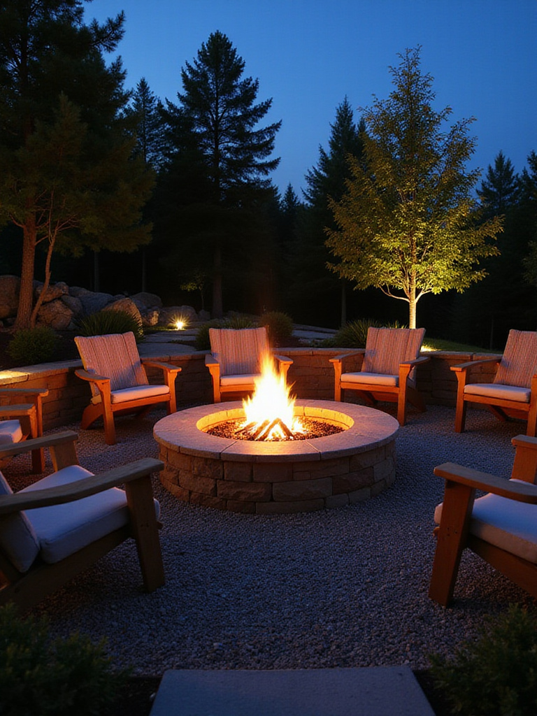 Inviting fire pit retreat with stone fire pit, comfortable seating, and soft outdoor lighting.