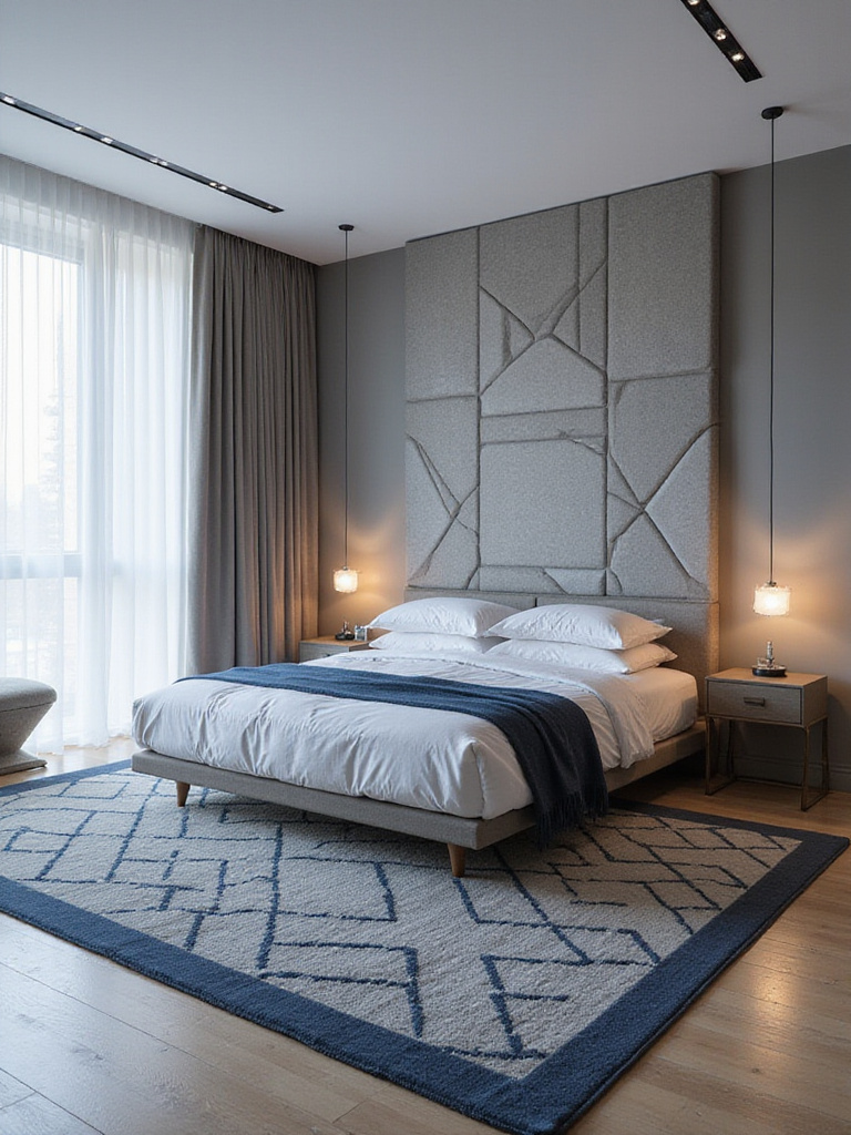 Modern bedroom with geometric patterned headboard and rug.