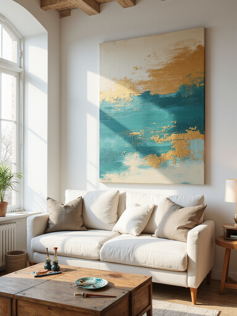 Large abstract DIY painting in teal, gold, and cream displayed above a sofa in a bright, modern living room.