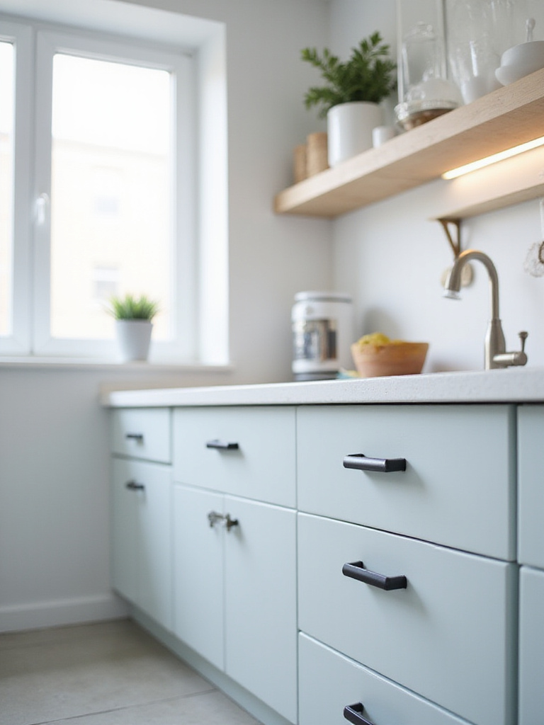 A view of modern kitchen cabinets in an apartment, showcasing stylish new hardware like matte black pulls or brushed brass knobs, which update the look of the space.