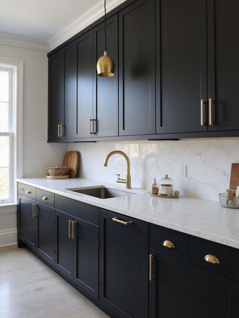 Black kitchen cabinets with brushed gold hardware and faucet