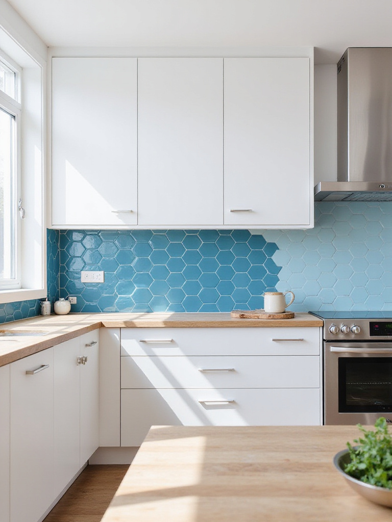 Modern kitchen with blue hexagon geometric backsplash