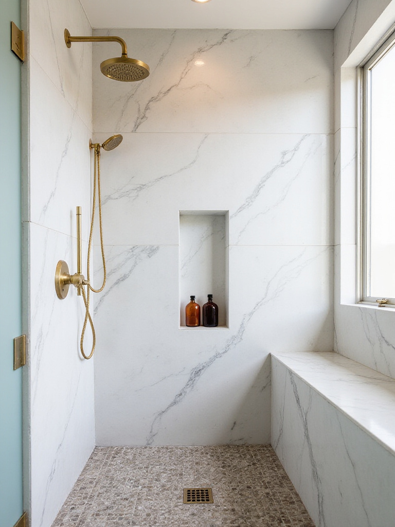 Luxurious shower with brushed brass fixtures and white marble tiles