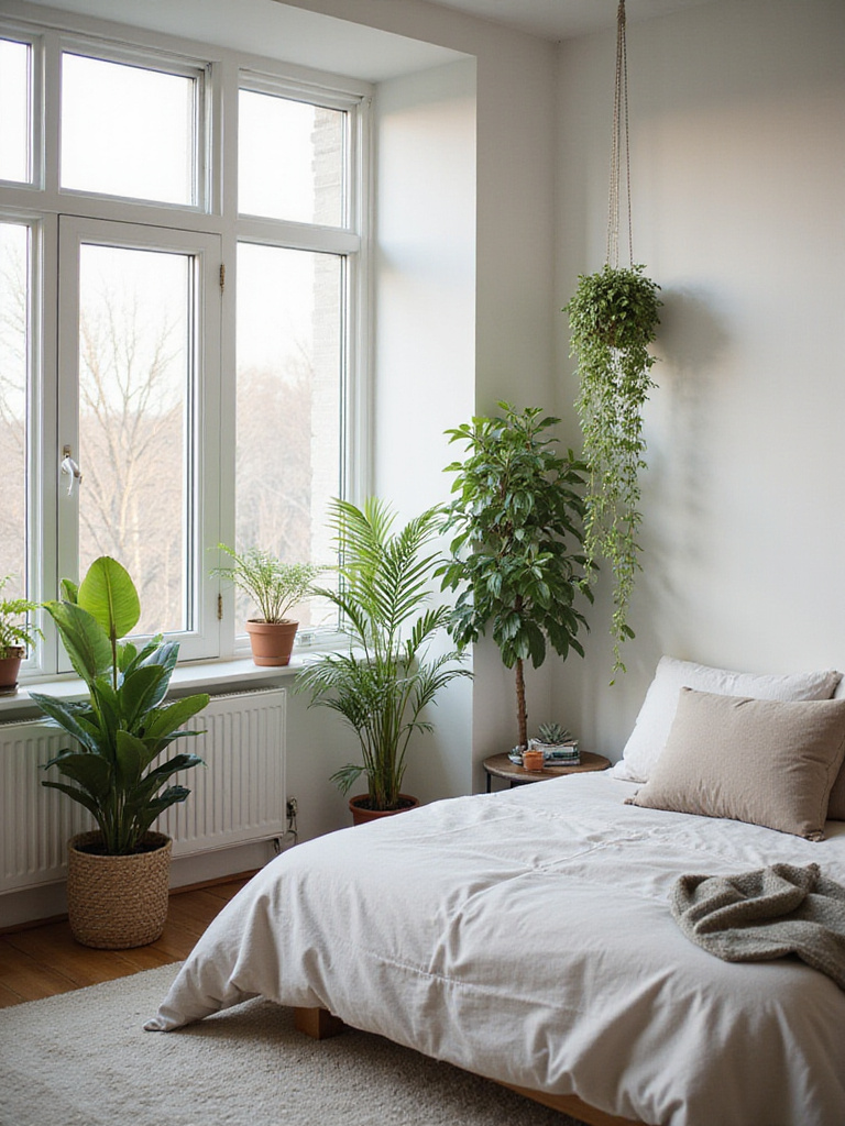 Modern bedroom with plants creating a green oasis