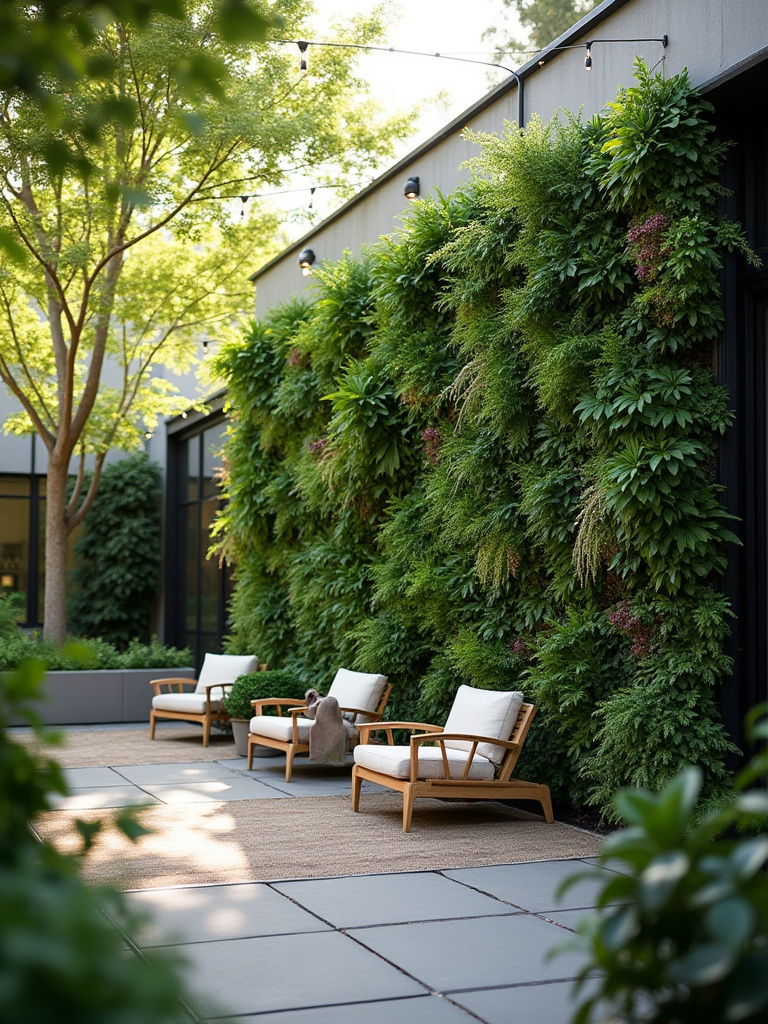 Lush green wall on a modern patio with ambient lighting and sleek furniture.