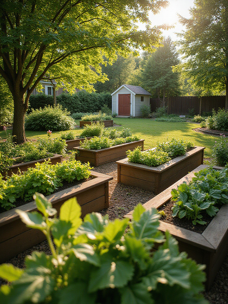 Lush raised garden beds filled with vegetables, herbs, and flowers in a sunny backyard.