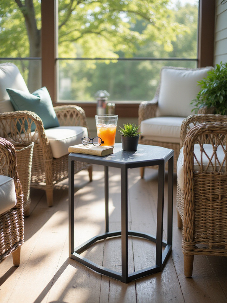 Stylish outdoor porch seating area with wicker chairs and a modern side table holding a drink and reading glasses.