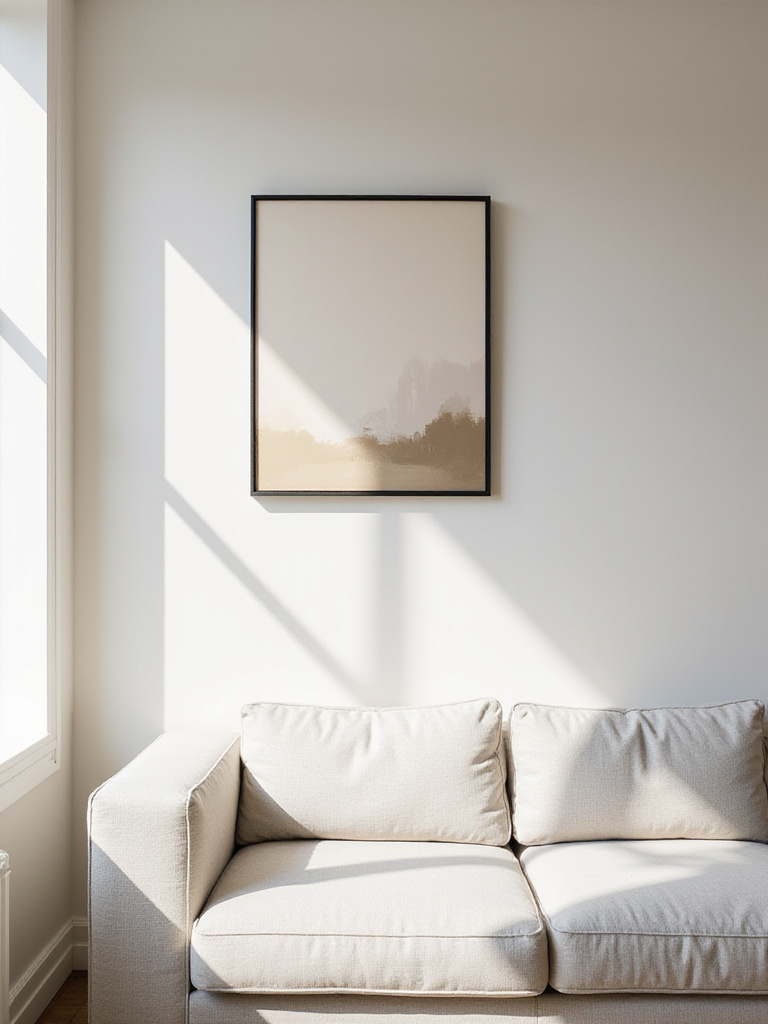 Minimalist living room with abstract art above a gray sofa