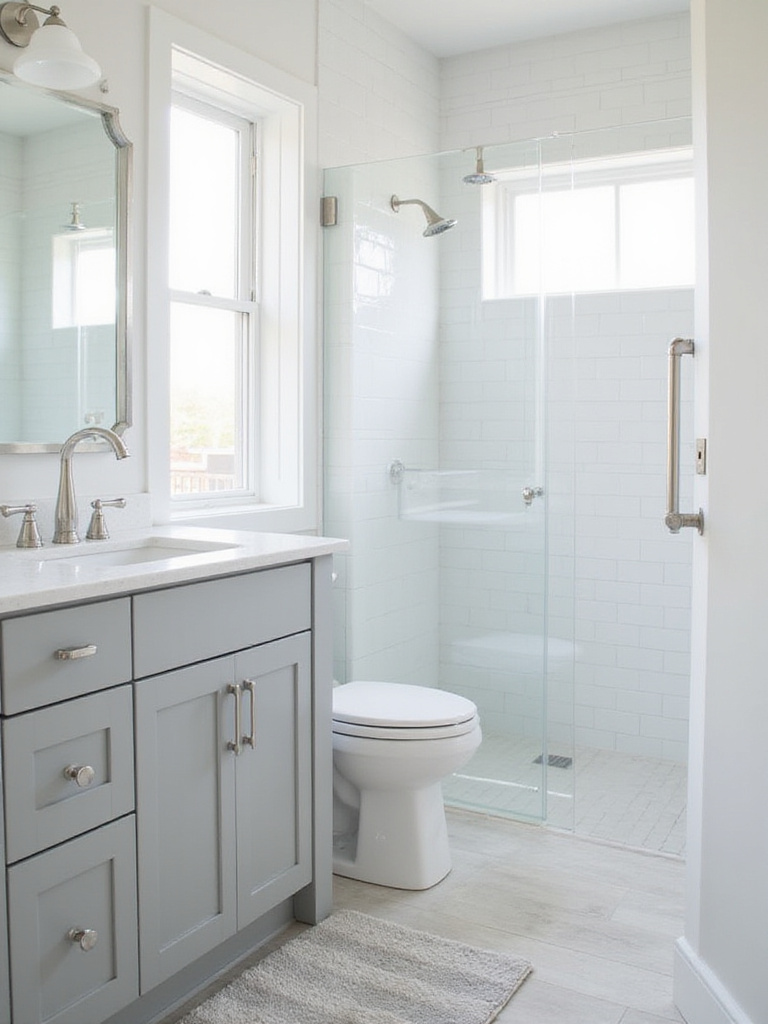 Small bathroom with consistent brushed nickel hardware on faucet, cabinet pulls, and towel bar.