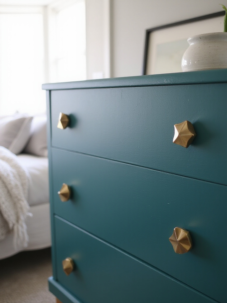 Updated brushed brass dresser pulls on a teal mid-century modern dresser in a stylish bedroom