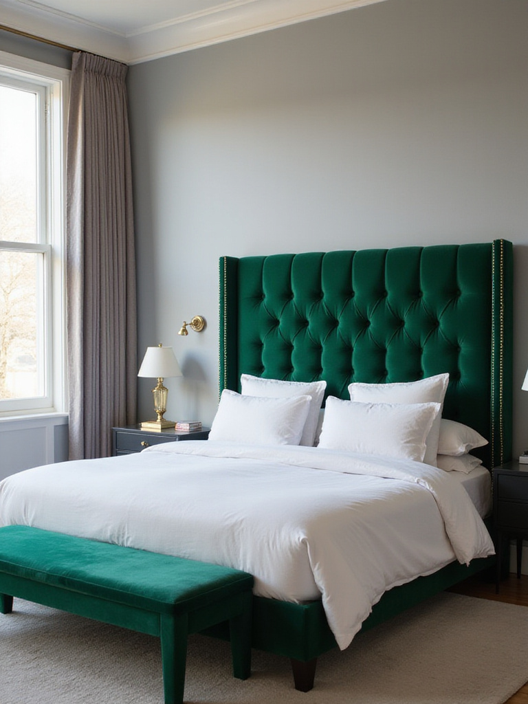 Elegant bedroom featuring a king-sized bed with a tufted emerald green velvet headboard.