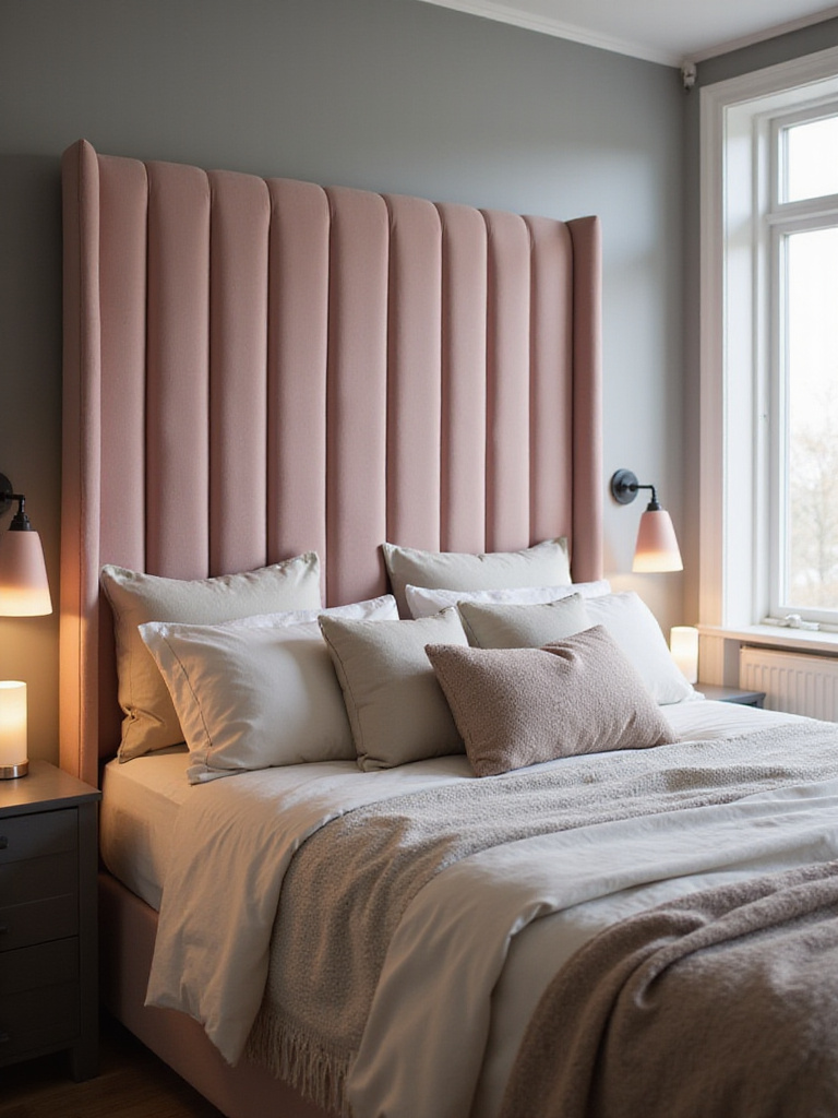 Cozy bedroom with blush velvet upholstered headboard and soft layered bedding.