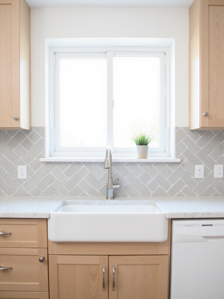 Light gray herringbone tile backsplash in a modern kitchen