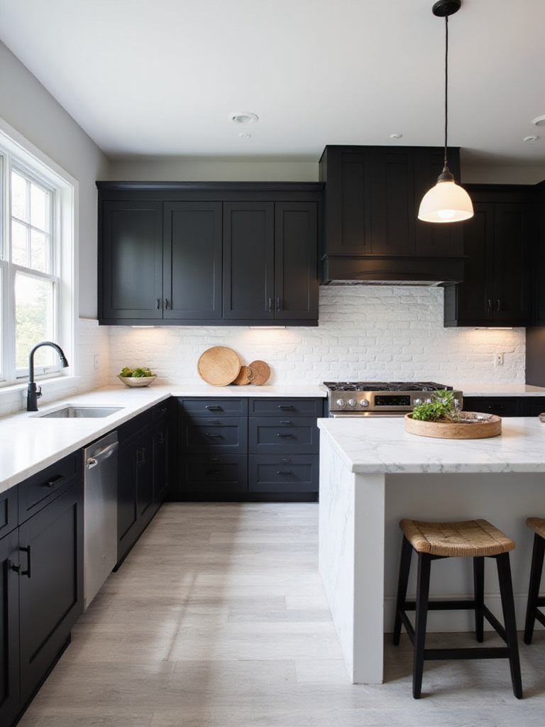 Modern kitchen with black cabinets, white island, and marble countertops