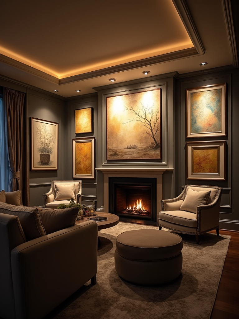A stylish living room featuring various artworks effectively highlighted by a combination of track lighting and a picture light, enhancing the visual appeal and making the art a focal point in the cozy space.