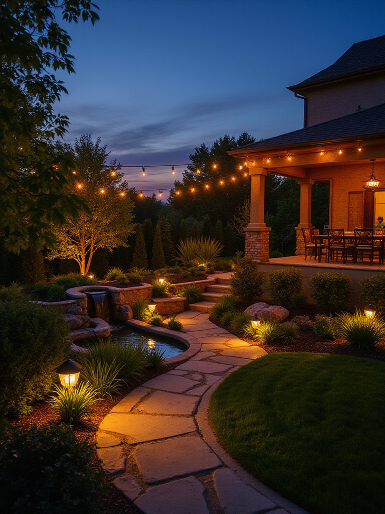 Backyard illuminated with energy-saving solar lights at dusk.