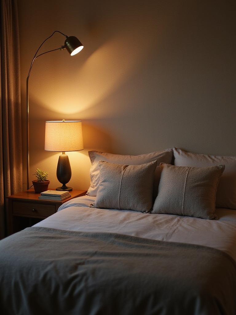 Serene bedroom with stylish lamps providing soft, warm lighting