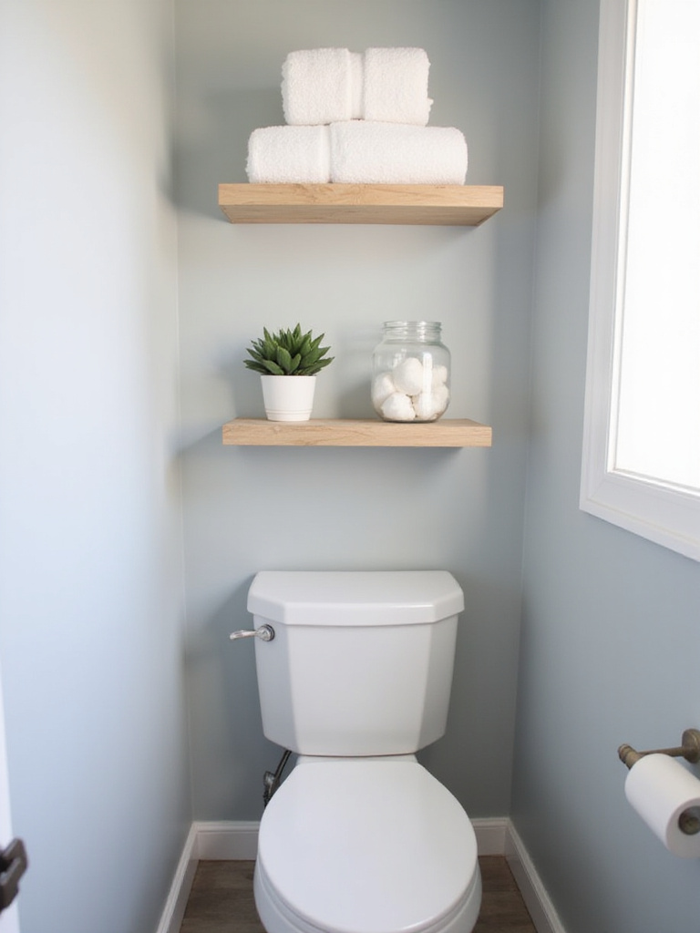 Small bathroom with floating shelves above toilet for storage