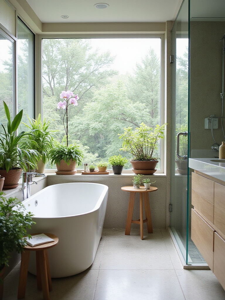 Contemporary bathroom with sleek design and various indoor plants adding freshness and life.
