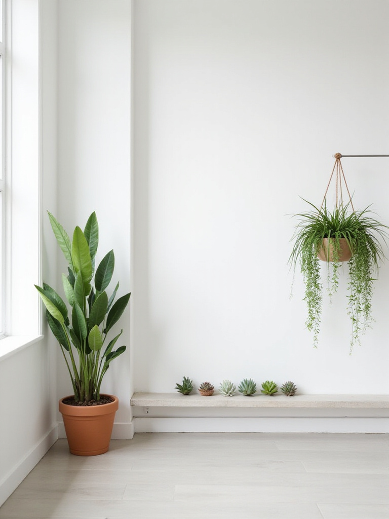 Serene living room with low-maintenance plants, including snake plant, succulents, and pothos.